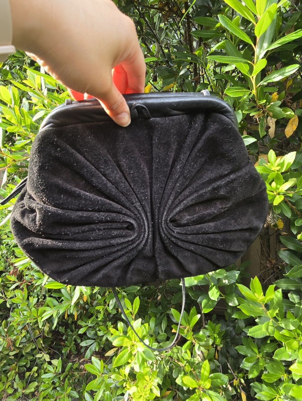 Vintage Etra 80s Suede Leather Ruched Fan Shoulder Crossbody Purse